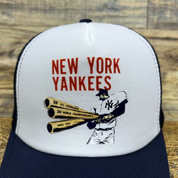 New York Yankees Mens Trucker Hat Navy Snapback World Champions Vintage Logo Cap - Picture 3 of 8